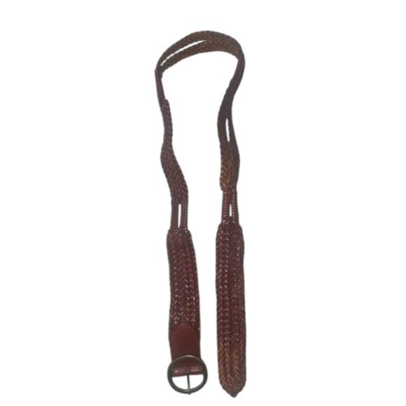 Massimo Dutti Vintage Wide Leather Brown Braided Belt with Gold Round Buckle - Picture 4 of 5